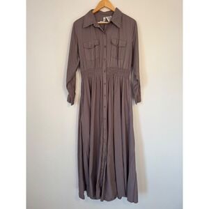 Modest Fashion Prairie EastEssence Poplin Button Down Maxi Dress Womens L Gray